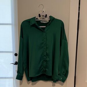 Zara Emerald Green Long Sleeve Button-Front Blouse